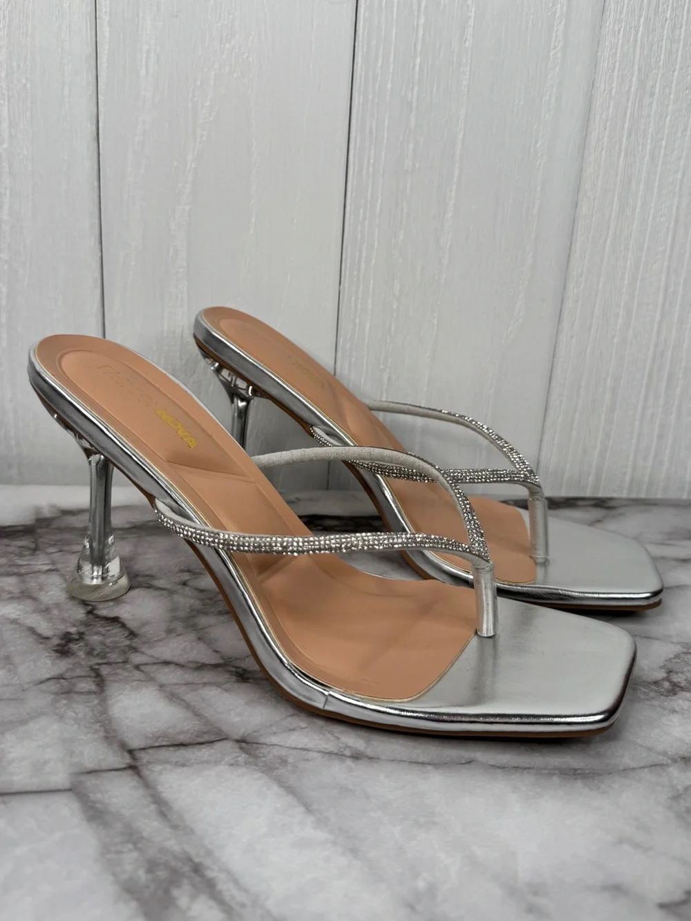 Fashion Nova Rossie Silver Rhinestone Embellished Thong Sandals